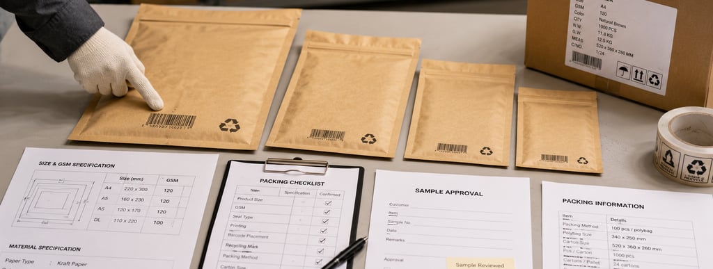 Kraft paper mailer samples with size sheets, packing details and export order specification document