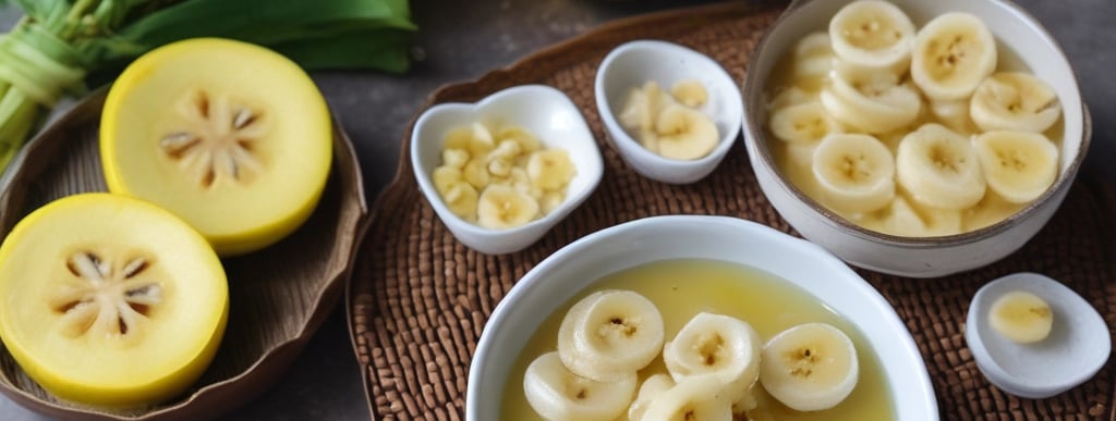 A colorful arrangement of traditional Vietnamese desserts featuring mango sticky rice, three-color dessert, coconut pearls, and bananas in coconut milk.