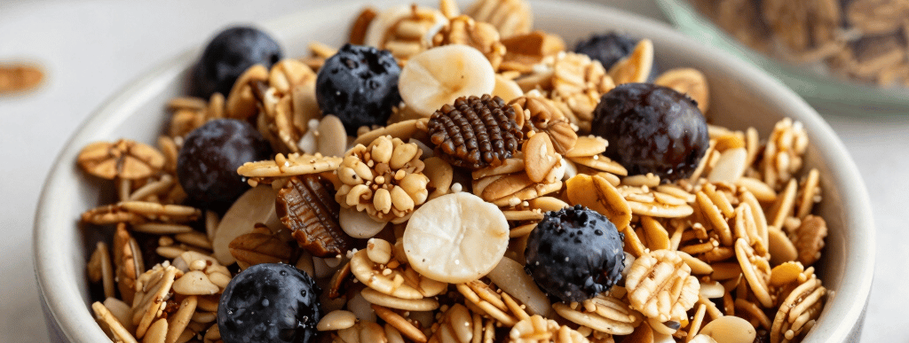 Close-up of a rustic wooden table displaying an assortment of handmade petit fours, brownies, granola jars, and colorful desserts arranged invitingly.