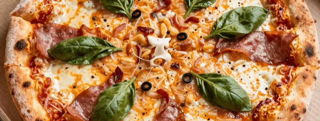 Close-up of a freshly baked Margherita pizza with melted cheese and basil leaves on a wooden table.
