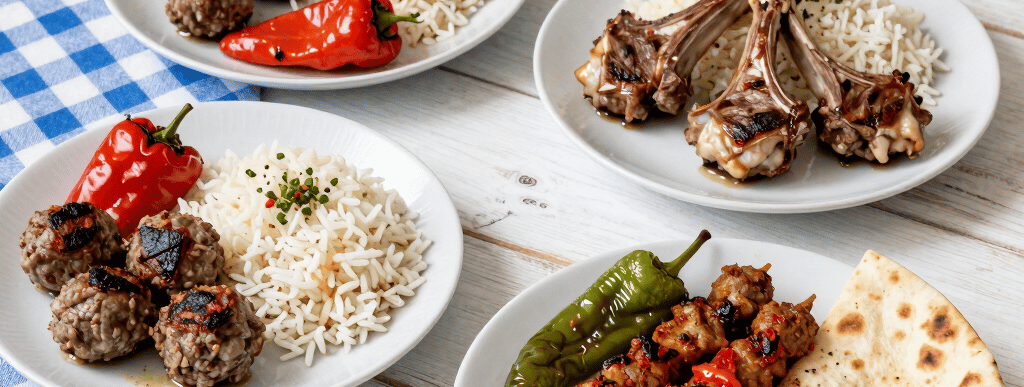A rustic wooden table by the river with colorful plates of traditional Turkish dishes from Nehirbahçe restaurant.