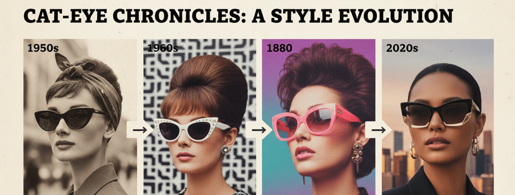 Línea de tiempo visual mostrando evolución de lentes cat-eye desde 1950 hasta 2025,
