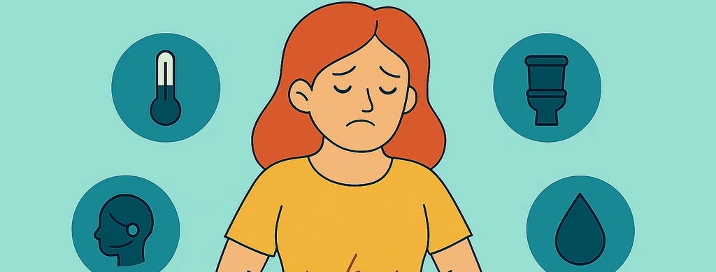 Femme avec douleur au bas-ventre entourée d’icônes illustrant les symptômes d’une infection urinaire, recherchesante.com