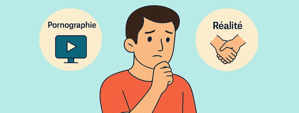 Illustration d’un homme confus face à la différence entre pornographie et réalité relationnelle, recherchesante.com