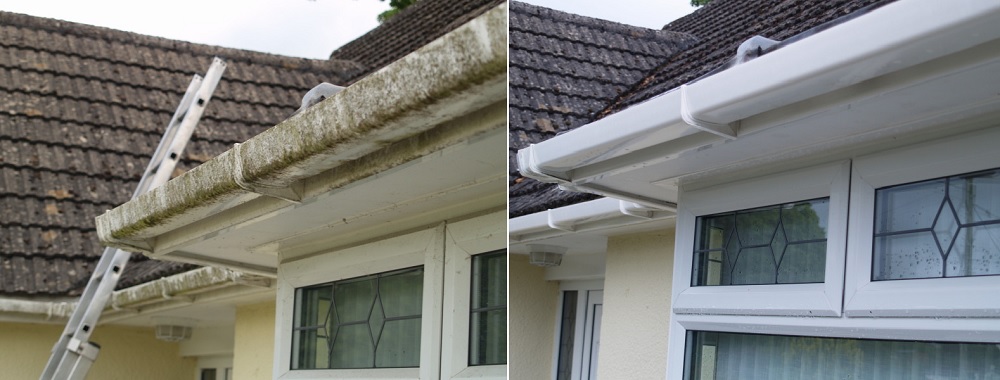 UPVC Cleaning of gutters and soffits before and after views , carried out by C Thru , Exeter.