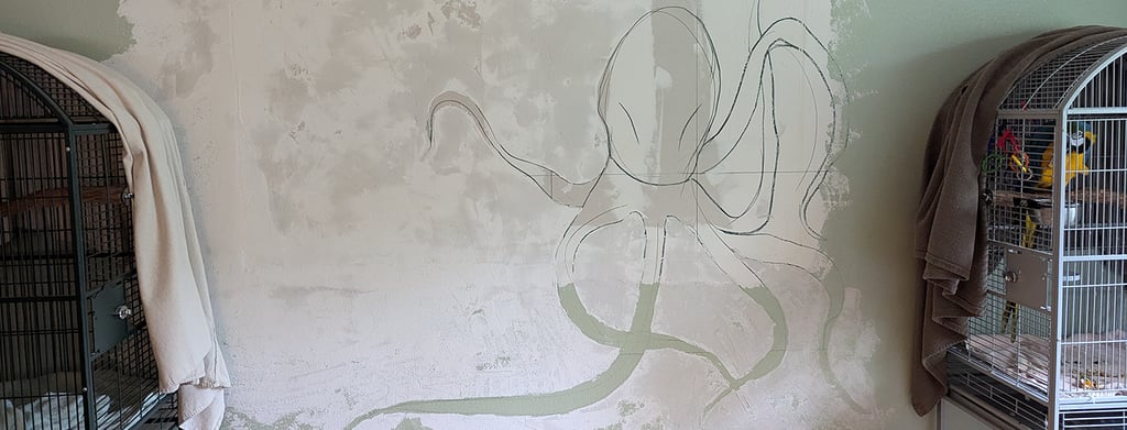 First pass of EasySand 90 Joint Compound surface texturing for a interior bedroom 3D relief mural.