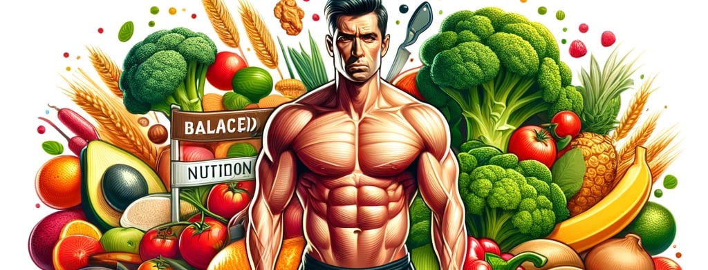 Food balance meal with man in the middle with a 6 packs