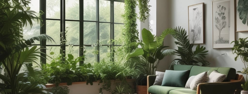 A cozy indoor corner with thriving green plants and natural sunlight filtering through a window.