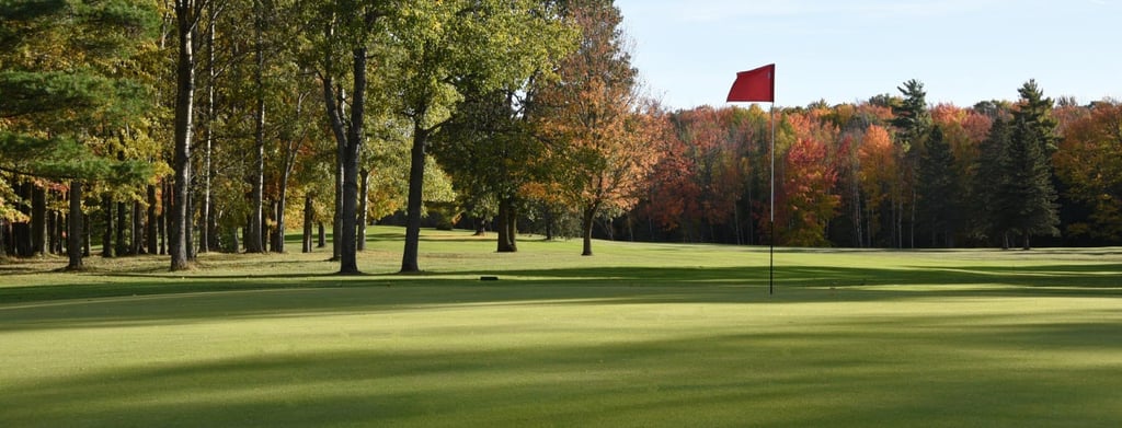 A red flag marks the pin on a golf green covered in shadows with autumn trees in the background