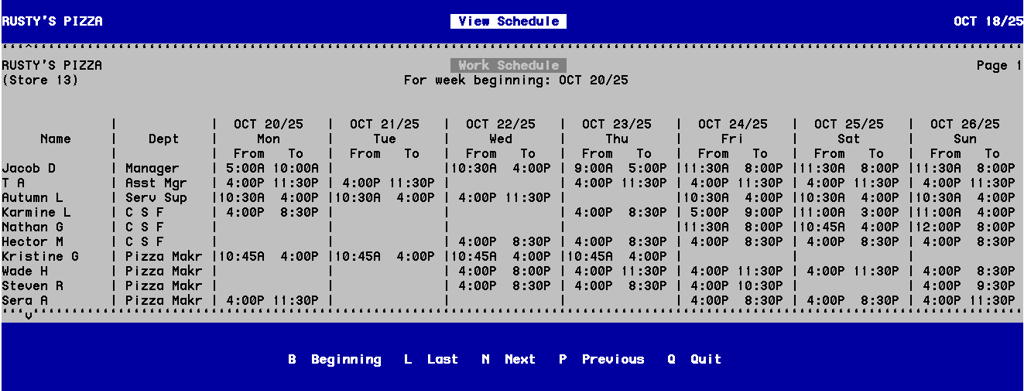 Sample restaurant staff shift schedule displayed on oneSystem scheduling screen