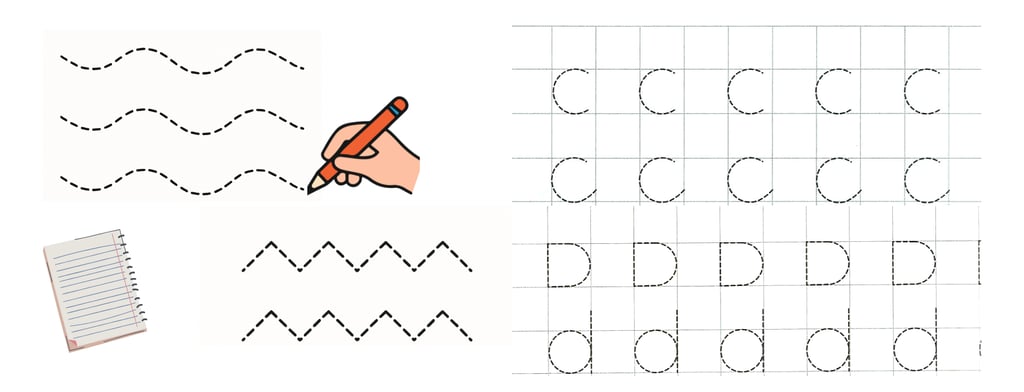 Scheda di pregrafismo con linee tratteggiate e lettere da ricalcare per bambini