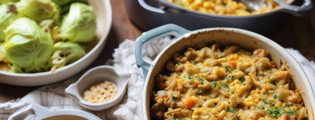image of a buffet table with casserole dish and plate of cabbage
