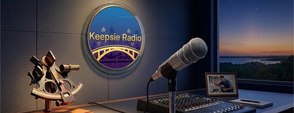 Podcast studio setup with a professional microphone, sound mixer, and Keepsie Radio logo on the wall.