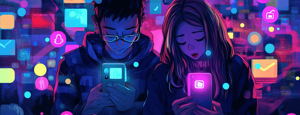 a man and woman are looking at their phones