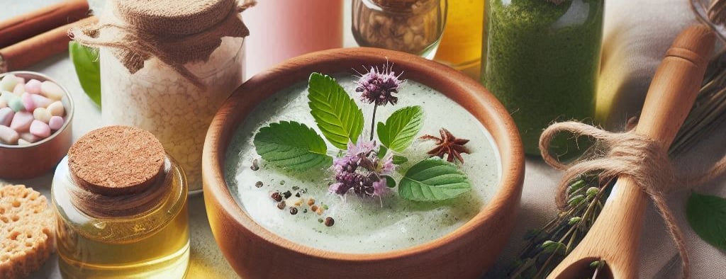 homemade herbal products in bowl and glass  jars