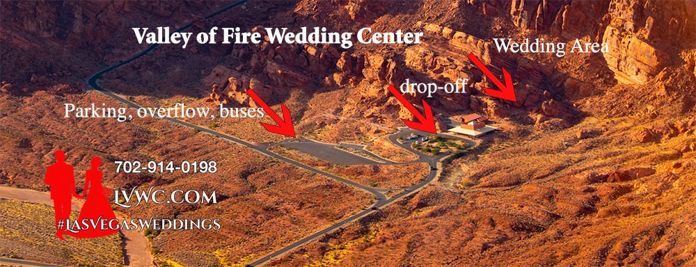 Aerial map of Valley of Fire Wedding Center showing parking and red rock canyon ceremony locations.