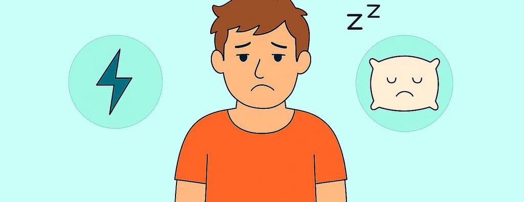 Homme fatigué avec des icônes représentant un éclair et un oreiller triste, illustrant les effets du manque de sommeil, reche