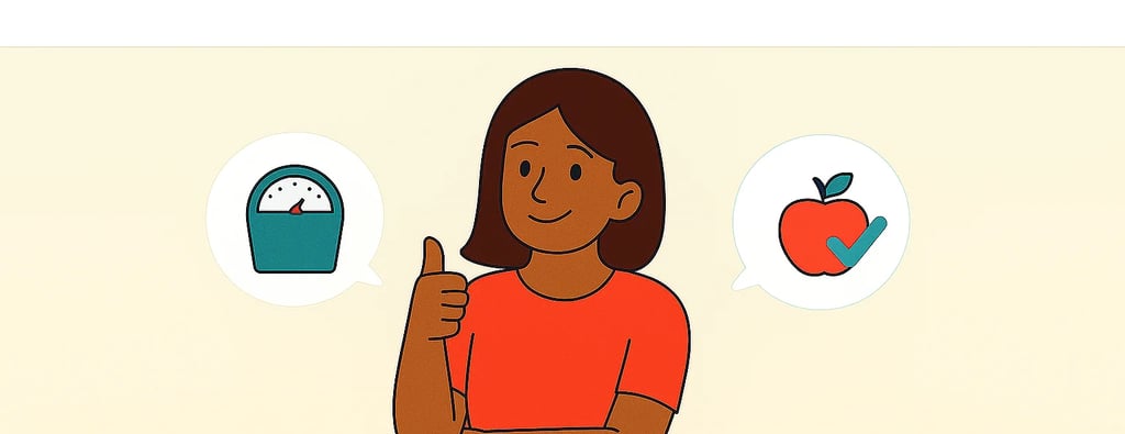 Femme souriante illustrant la perte de poids saine avec une balance et une pomme, perte de poids rapide, bien etre, recherche