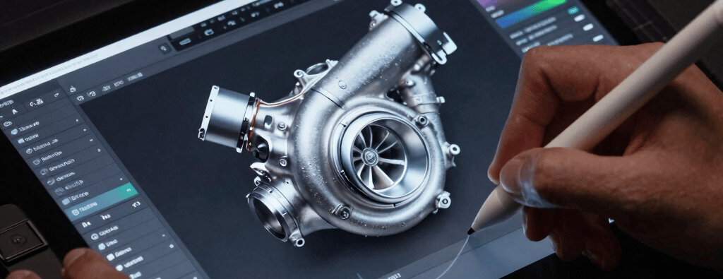 A designer using a stylus on a digital tablet to create a detailed 3D CAD model of a turbocharger.