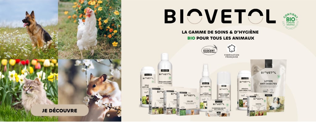 Produits Biovetol certifiés Ecocert pour chiens, chats, poules et petits animaux – soins bio, naturels et fabriqués en France