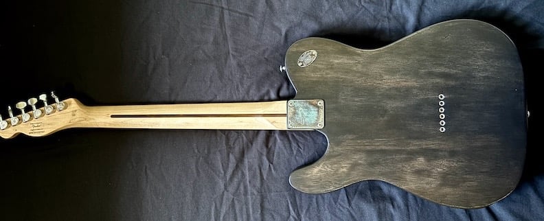 Sobek's Tele Telecaster style dark industrial guitar. Full back view.