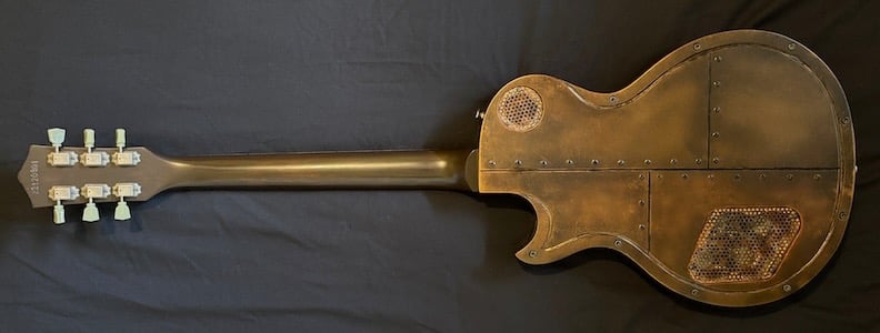 The Bronze Les Paul style dark industrial guitar. Full back view.