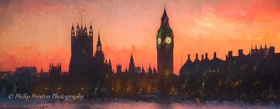 Westminster sunset, London, UK, digital artwork by Philip Preston.
