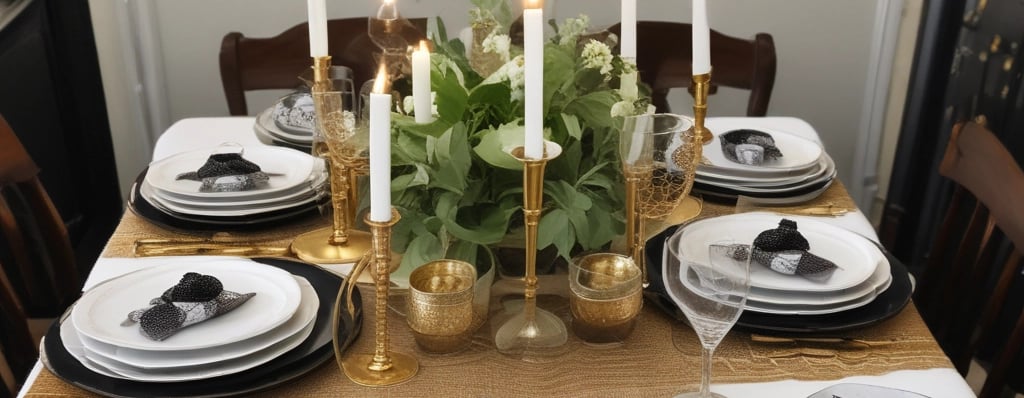 a table setting with gold and black plates and goldware