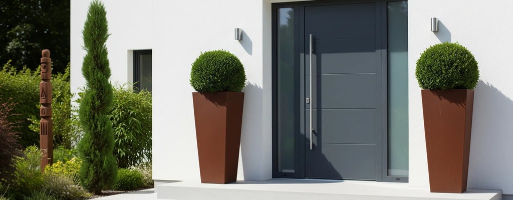 Entrada chalet Boadilla del Monte, maceta alta cuadrada  con dos bolas perfectas de boj faulkner