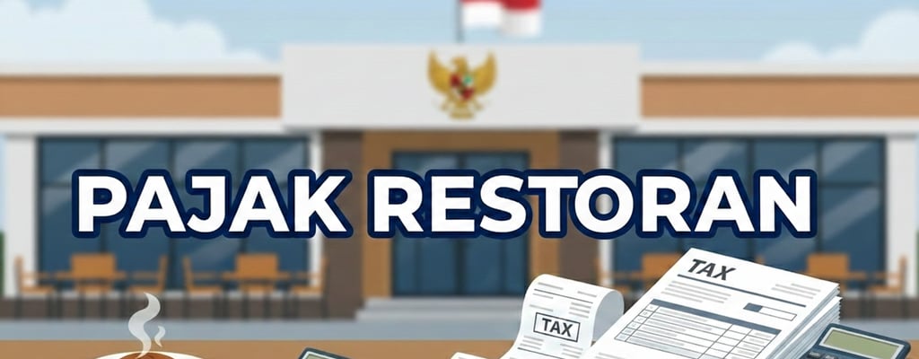 Illustration of Indonesian restaurant tax with receipts, calculator, and government building background