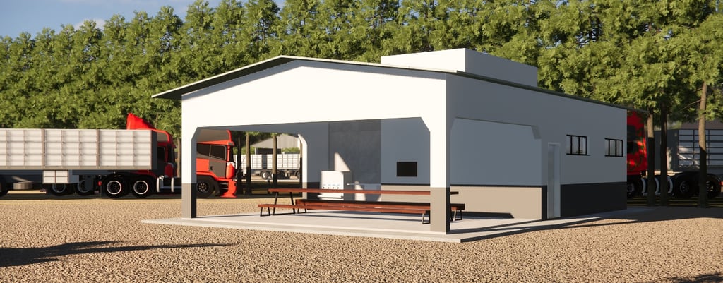 Estrutura com sanitários e espaço de descanso para motoristas de caminhão