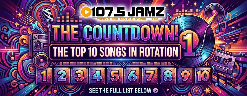Vibrant 107.5 Jamz radio banner for The Countdown featuring the top 10 R&B and old school songs in rotation.