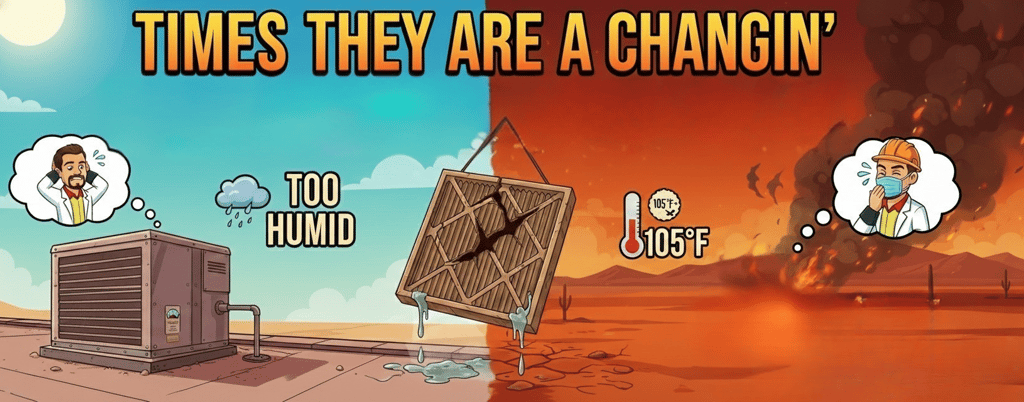 Comparison of HVAC issues like high humidity and heat waves affecting air filter performance.