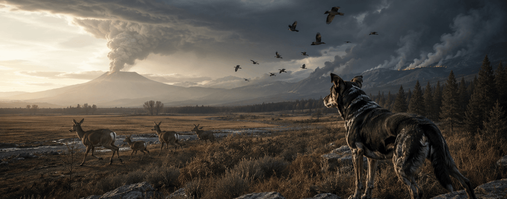 A wild dog and deer watch a volcano erupting with ash clouds and smoke over a mountain landscape.