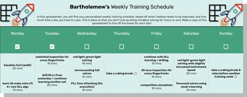 example Training Schedule spreadsheet