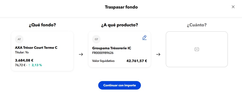 selección de destino del fondo de inversión del traspaso en myinvestor
