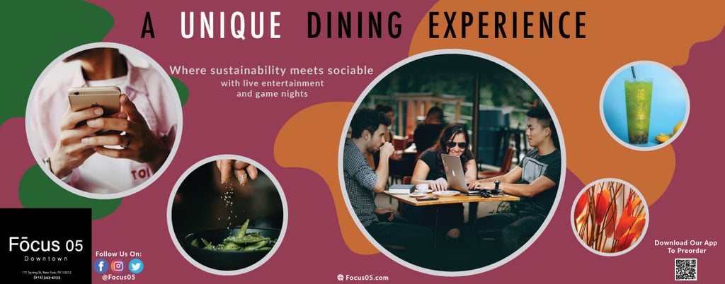 Subway ad with circular dining scenes, food, and drinks. Text about sustainable dining and live entertainment at Focus 05.
