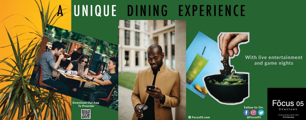 Subway ad featuring a collage promoting “Focus 05” features people dining, a man using his phone, and a dish being served.