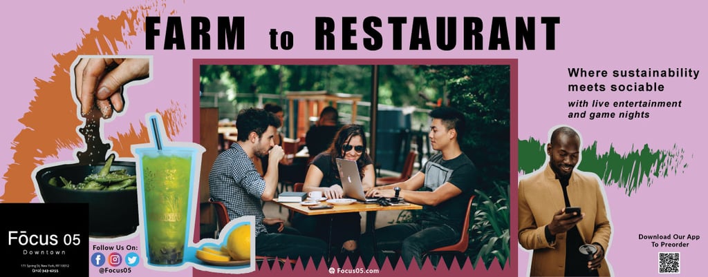 Subway ad with three people dining outdoors and scenes of food, drinks, and a person holding a smartphone.