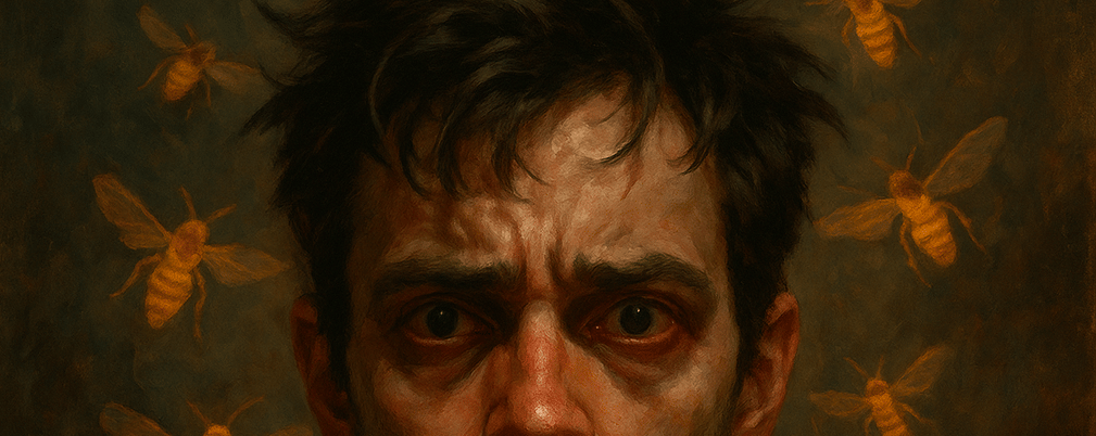 a man with bees around his head