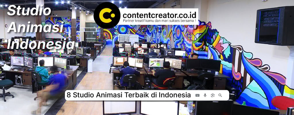 Animators working at workstations in an Indonesian animation studio with colorful wall murals.