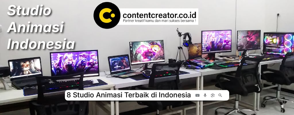 Professional animation studio in Indonesia with rows of gaming monitors and high-end PCs.