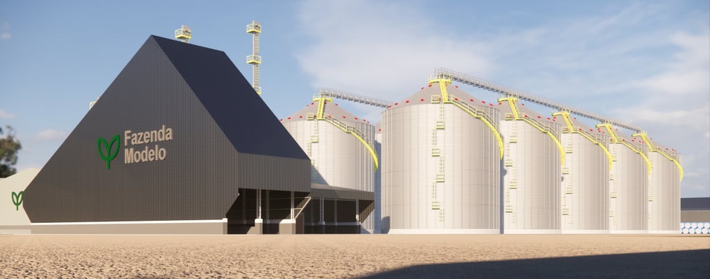 Estrutura completa com silos, moega fornalha e secador para armazenagem de grãos