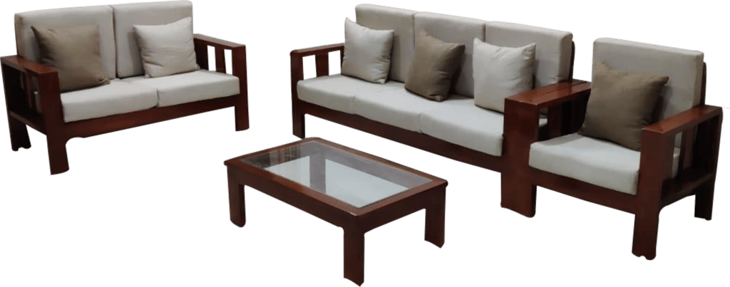 a set of three wooden sofas with pillows and a coffee table