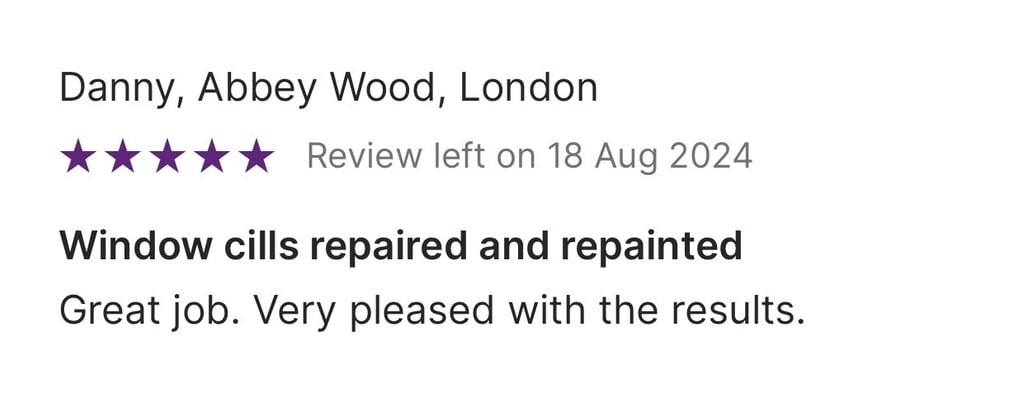 Five-star customer review for window cill repair and painting services in Abbey Wood, London.