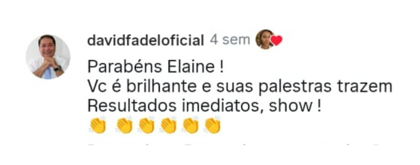 David Fadel destaca a clareza e o foco nas palestras de Elaine Rodrigues.