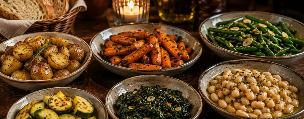 Variety of roasted vegetable side dishes including glazed carrots, potatoes, and green beans on a rustic table.