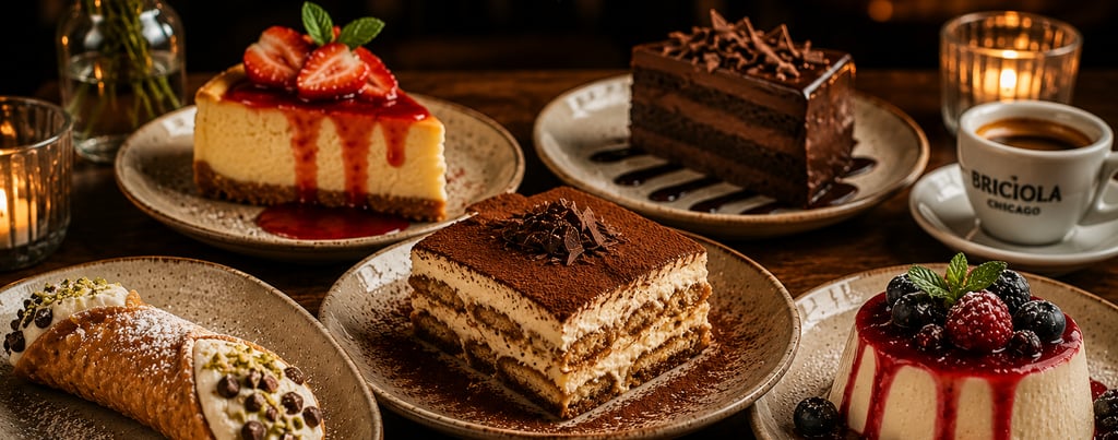 Assorted Italian dolci desserts including tiramisu, cannoli, panna cotta, and chocolate cake.