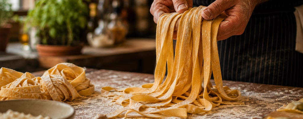 A chef's hands lifting fresh handmade fettuccine pasta from a floured wooden table in a rustic kitchen.