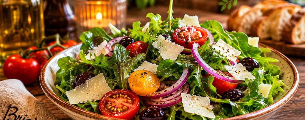 Fresh Italian insalate with arugula, cherry tomatoes, red onion, and parmesan cheese on a rustic table.